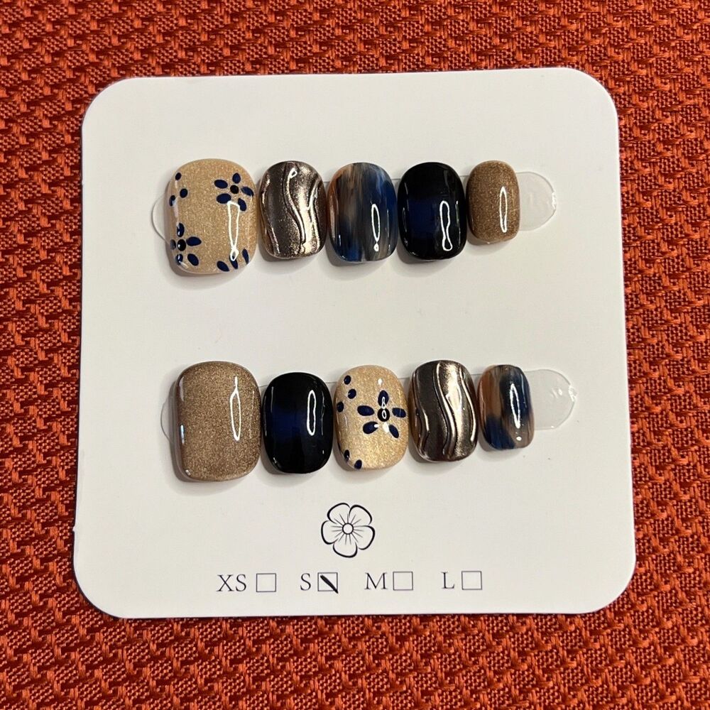 Handmade Press On Nails Set Floral & Metallic Marble Size Small S Short Square